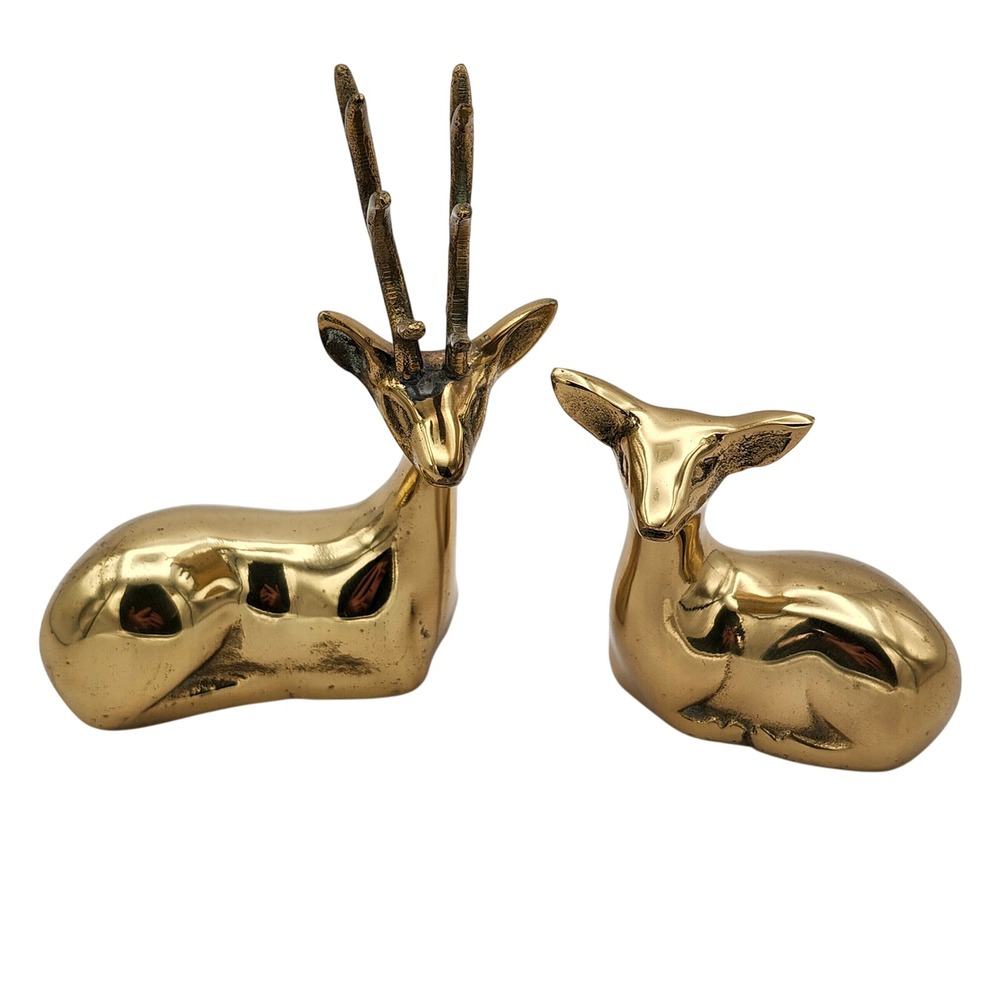 Brass Deer Figurine Set Small Gold Tone Vintage Mid Century Modern Reclining